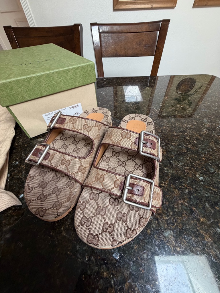 Gucci Brown Beige Monogram Double-Buckle Slide Sandals
